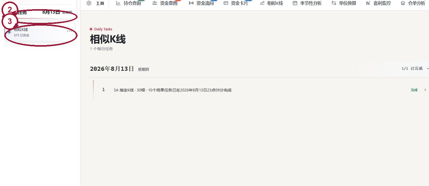 每日任务页面，标出入口以及左侧模块和交易日列表